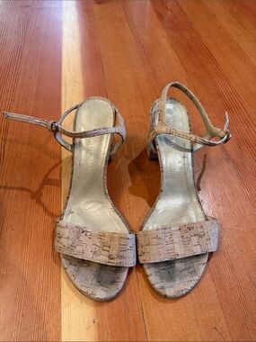 Stuart Weitzman Beige Cork-Textured Ankle-Strap Sandals